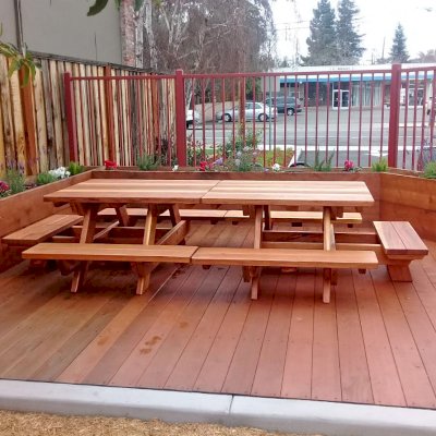 Custom Kid Size Wood Picnic Table (Attached Benches) (Options: California Redwood, No Umbrella, Standard Top, Custom End Bench, Transparent Premium Sealant). Custom set for School. Was designed to easily use as one large gathering point or separate as two. Photo Courtesy of T. Becker of San Jose, CA.