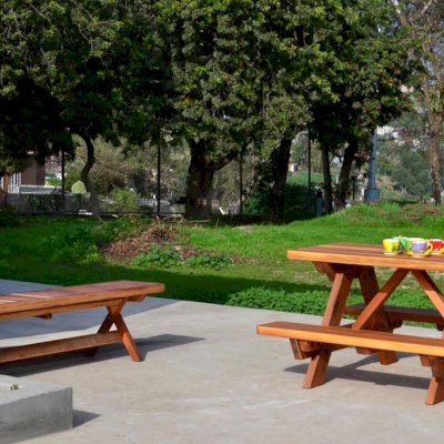 Kid Size Wood Picnic Table (Attached Benches) (Options: California Redwood, No Umbrella, Standard Top, Transparent Premium Sealant) and Folding Bench.