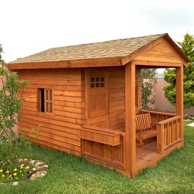 Kid's Backyard Cabin (Options: 12ft L x 8ft W, 7ft Wall H, Douglas-Fir, 4ft Front Porch Size [Included in the Overall Length], Interior Decking, Transparent Premium Sealant). 