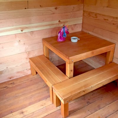 Kid's Backyard Cabin (Options: 12ft L x 8ft W, 7ft Wall H, Douglas-Fir, 4ft Front Porch Size [Included in the Overall Length], Interior Decking, Transparent Premium Sealant). 