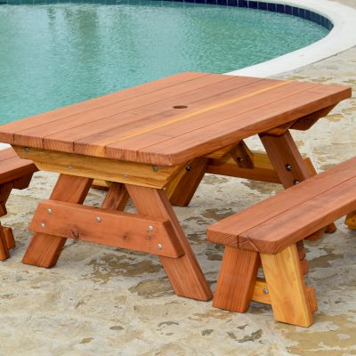 Kid Size Wood Picnic Table (Unattached Benches) (Options: Side Benches, California Redwood, Transparent Premium Sealant).