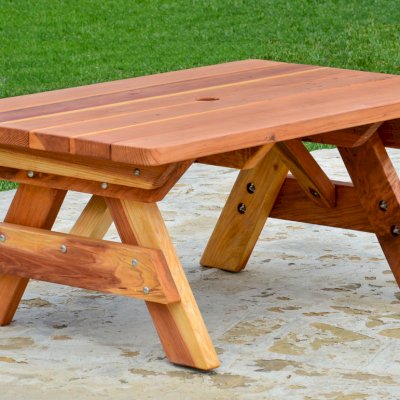 Kid Size Wood Picnic Table (Unattached Benches) (Options: Table Alone, California Redwood, Transparent Premium Sealant).