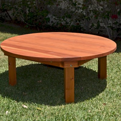 Kid's Round Outdoor Wood Table (Options: 5' Diameter, No Seating, California Redwood, Seamless Tabletop, Transparent Premium Sealant). 