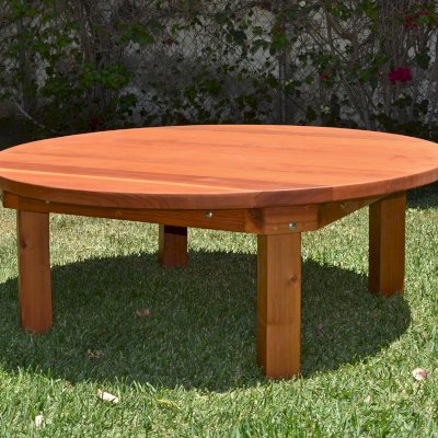 Kid's Round Outdoor Wood Table (Options: 5' Diameter, No Seating, California Redwood, Seamless Tabletop, Transparent Premium Sealant). 