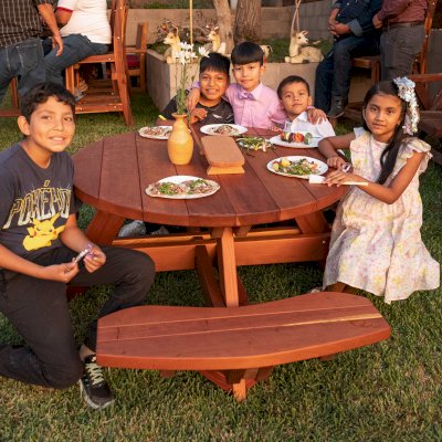 Kid's Round Wood Picnic Table Kit (Options: California Redwood, No Umbrella Hole, Standard Tabletop, No ADA, Transparent Premium Sealant).