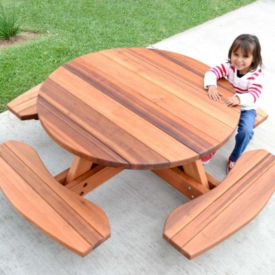 Kid's Round Wood Picnic Table Kit (Options: California Redwood, No Umbrella Hole, Standard Tabletop, No ADA, Transparent Premium Sealant).