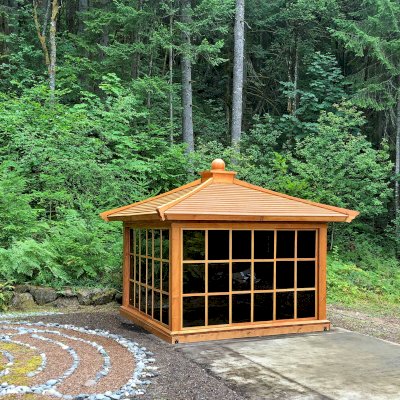 Kikue's Tea House (Options: 12 ft L x 12 ft W, Standard Wood Roof, Douglas-fir, 1 Electrical Wiring Trim, Interior Decking, Transparent Premium Sealant). Photo Courtesy of Namae Ntumae of Portland, Oregon.