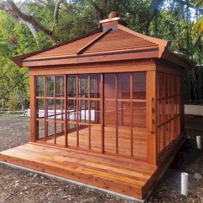 Custom Kikue's Tea House (Options: 12' L x 12' W, 7' Wall Height, Shiplap Roof, Mature Redwood, 1 Wood Handle, with Solid Walls by Custom Request, Interior and External Decking, 3' Deck on the Front Side, Transparent Premium Sealant). Photo Courtesy of A. Michelson of Los Angeles, CA.
