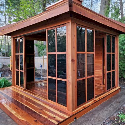 Kikue's Tea House (Options: 14 ft L x 10 ft W, 8' Wall Height, Wood Shingle Roof, California Redwood, 3 Sliding Walls and One Fixed Wood Wall, No Electrical Wiring Trim, with Wood Handle, Interior and External Decking, Transparent Premium Sealant). Photo Courtesy of A. Perry of Longmeadow, MA.