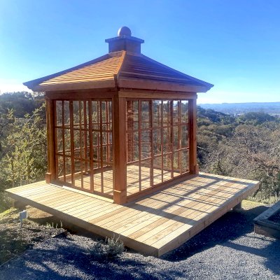 Kikue's Tea House (Options: 10 ft L x 8 ft W, Standard Wood Roof, Douglas-fir [Final Roofing Skin in California Redwood], No Electrical Wiring Trim, No Interior Decking, Anchor Kit for Wood, Transparent Premium Sealant). Photo Courtesy of A. Ponzo of Santa Rosa, CA.