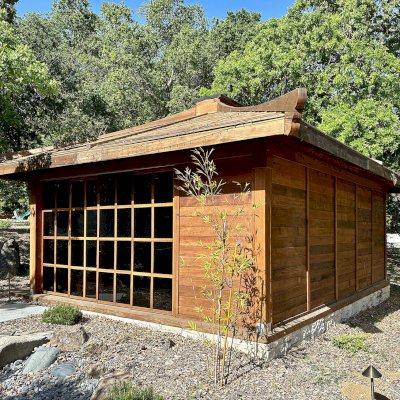Custom Kikue's Tea House (Options: 20' x 16', 8' Wall Height, California Redwood, with Solid Walls by Custom Request, Transparent Premium Sealant). Photos Taken 2 Years After Initial Installation. 