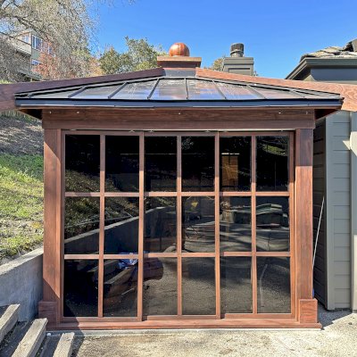 Kikue's Tea House (Options: 12 ft L x 10 ft W, Metal Roof, Douglas-fir, No Electrical Wiring Trim, No Decking, 3 Acrylic Sliding Walls and 1 Wooden Sliding Wall by Custom Request, Coffee-Stain Premium Sealant). Photo Courtesy of G. Campana of San Carlos, CA.