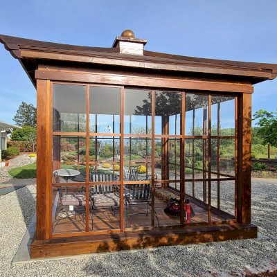 Kikue's Tea House (Options: 12 ft L x 10 ft W, Shiplap Roof, Mature Redwood, 1 Electrical Wiring Trim, Clear Polycarbonate by Custom Request, Interior and External Decking, Transparent Premium Sealant). Photo Taken 2 Years After Installation, After Resealed. Photo Courtesy of J. Hsu of San Ramon, CA.