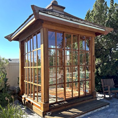 Kikue's Tea House (Options: 8 ft L x 8 ft W, Shiplap Roof, Mature Redwood, 2 Electrical Wiring Trims, Clear Polycarbonate by Custom Request, with Wood Handle, Interior and External Decking, Transparent Premium Sealant). Photo Taken 2 Years After Installation. Photo Courtesy of K. Sells of San Diego, CA.