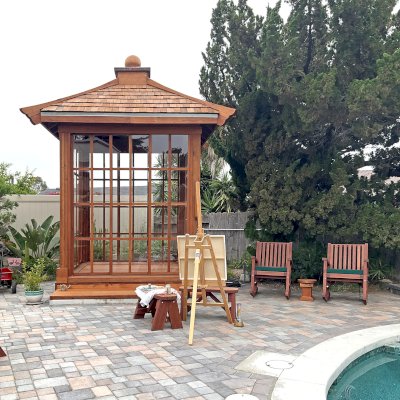 Kikue's Tea House (Options: 8 ft L x 8 ft W, Shiplap Roof, Mature Redwood, 2 Electrical Wiring Trims, Clear Polycarbonate by Custom Request, with Wood Handle, Interior and External Decking, Transparent Premium Sealant). Photo Taken 2 Years After Installation. Photo Courtesy of K. Sells of San Diego, CA.