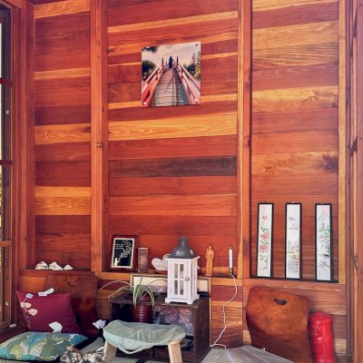 Kikue's Tea House (Options: 8 ft L x 8 ft W, 7' Wall Height, Shiplap Roof, 3 Sliding Walls And One Fixed Wood Wall, California Redwood, No Electrical Wiring Trim, With Interior Decking, Transparent Premium Sealant). Photo Courtesy of L. Childress of Radford, VA.
