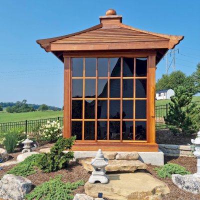 Kikue's Tea House (Options: 8 ft L x 8 ft W, 7' Wall Height, Shiplap Roof, 3 Sliding Walls And One Fixed Wood Wall, California Redwood, No Electrical Wiring Trim, With Interior Decking, Transparent Premium Sealant). Photo Courtesy of L. Childress of Radford, VA.
