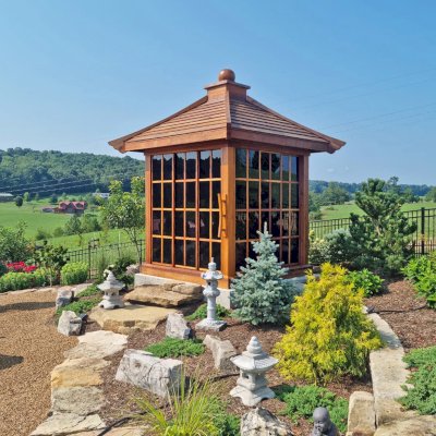 Kikue's Tea House (Options: 8 ft L x 8 ft W, 7' Wall Height, Shiplap Roof, 3 Sliding Walls And One Fixed Wood Wall, California Redwood, No Electrical Wiring Trim, With Interior Decking, Transparent Premium Sealant). Photo Courtesy of L. Childress of Radford, VA.