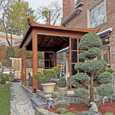 Kikue's Tea House (Options: 16 ft L x 10 ft W, 9' Wall Height, Shiplap Roof, 4 Sliding Walls, California Redwood, 1 Electrical Wiring Trim, No Interior Decking, 1 Ceiling Fan Base, Transparent Premium Sealant). Photo Courtesy of M. Racek of Closter, NJ.