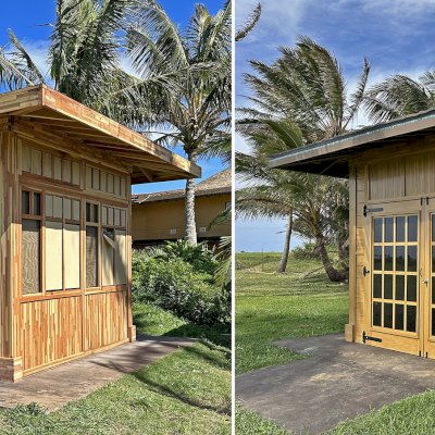 ​Custom Kikue's Tea House (Options: 12' x 12', Mosaic Redwood, Custom Design with French Doors, 2.5' Overhang). The photo on the left shows the structure with our standard transparent sealant, and the photo on the right shows the tea house with a custom stain color applied by the customer after installation. Photo Courtesy of R. Waterford of Haiku, HI.