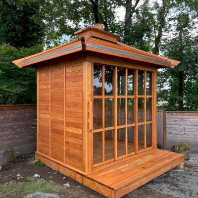 Kikue's Tea House (Options: 8 ft L x 10 ft W, Shiplap Roof, Douglas-fir, 2 Sliding Walls and 2 Fixed Walls, Clear Polycarbonate by Custom Request, with Wood Handle, Interior and External Decking, Transparent Premium Sealant). Photo Courtesy of S. Crowder of Vancouver, WA.