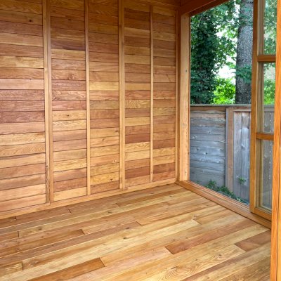 Kikue's Tea House (Options: 8 ft L x 10 ft W, Shiplap Roof, Douglas-fir, 2 Sliding Walls and 2 Fixed Walls, Clear Polycarbonate by Custom Request, with Wood Handle, Interior and External Decking, Transparent Premium Sealant). Photo Courtesy of S. Crowder of Vancouver, WA.