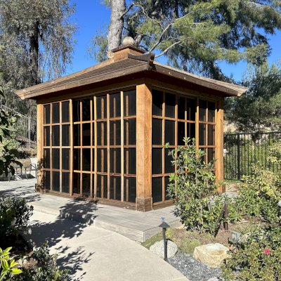 Custom Kikue's Tea House (Options: 13.5 ft L x 10.5 ft W, 8.5' Wall Height, Shiplap Roof, 3 Sliding Walls And One Fixed Wood Wall, Douglas-Fir Structure, California Redwood Ship Lap, No Electrical Wiring Trim, No Interior Decking, Transparent Premium Sealant). Photo Taken 2 Years After Installation. Photo Courtesy of W. Yang of Los Angeles, CA.