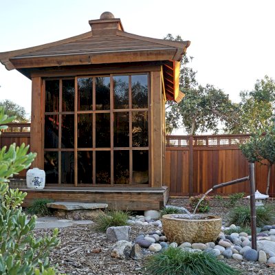 Kikue's Tea House (Options: 8 ft L x 8 ft W, Standard Wood Roof, California Redwood, No Electrical Wiring Trim, Interior Decking, Transparent Premium Sealant). Photo Courtesy of B. Jacobson of La Mesa, California.