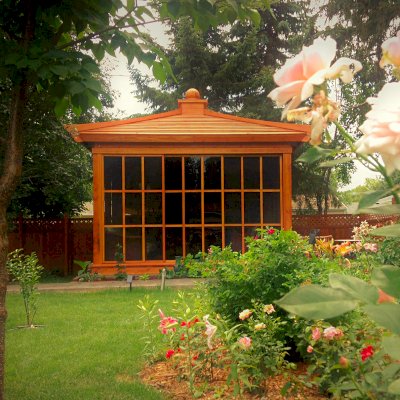 Kikue's Tea House (Options: 14 ft L x 10 ft W, Standard Wood Roof, Douglas-fir, No Electrical Wiring Trim, Interior Decking, Transparent Premium Sealant). Photo Courtesy of G. Haugen of Jamestown, North Dakota.
