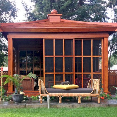Kikue's Tea House (Options: 14 ft L x 10 ft W, Standard Wood Roof, Douglas-fir, No Electrical Wiring Trim, Interior Decking, with Screen Panels by Custom Request, Transparent Premium Sealant). Photo Courtesy of G. Haugen of Jamestown, North Dakota.