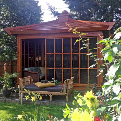 Kikue's Tea House (Options: 14 ft L x 10 ft W, Standard Wood Roof, Douglas-fir, No Electrical Wiring Trim, Interior Decking, with Screen Panels by Custom Request, Transparent Premium Sealant). Photo Courtesy of G. Haugen of Jamestown, North Dakota.