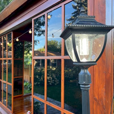 Kikue's Tea House (Options: 14 ft L x 10 ft W, Standard Wood Roof, Douglas-fir, No Electrical Wiring Trim, Interior Decking, with Screen Panels by Custom Request, Transparent Premium Sealant). Photo Taken 5 Years After Installation. Photo Courtesy of G. Haugen of Jamestown, North Dakota.
