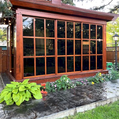Kikue's Tea House (Options: 14 ft L x 10 ft W, Standard Wood Roof, Douglas-fir, No Electrical Wiring Trim, Interior Decking, with Screen Panels by Custom Request, Transparent Premium Sealant). Photo Taken 5 Years After Installation. Photo Courtesy of G. Haugen of Jamestown, North Dakota.