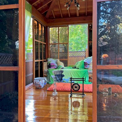 Kikue's Tea House (Options: 14 ft L x 10 ft W, Standard Wood Roof, Douglas-fir, No Electrical Wiring Trim, Interior Decking, with Screen Panels by Custom Request, Transparent Premium Sealant). Photo Taken 5 Years After Installation. Photo Courtesy of G. Haugen of Jamestown, North Dakota.