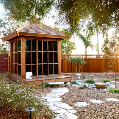 Kikue's Tea House (Options: 8 ft L x 8 ft W, Standard Wood Roof, California Redwood, No Electrical Wiring Trim, Interior Decking, Transparent Premium Sealant). Photo Courtesy of B. Jacobson of La Mesa, California.