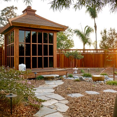 Kikue's Tea House (Options: 8 ft L x 8 ft W, Standard Wood Roof, California Redwood, No Electrical Wiring Trim, Interior Decking, Transparent Premium Sealant). Photo Courtesy of B. Jacobson of La Mesa, California.