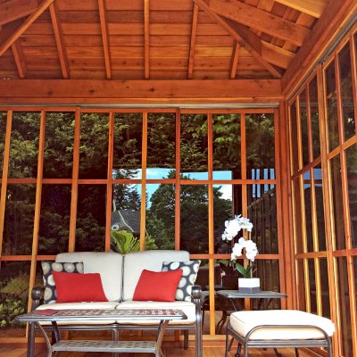 Kikue's Tea House - Interior View (Options: 12ft L x 10ft W, California Redwood, with Door Handle, Interior Decking with External Decking (up to 3'), Transparent Premium Sealant).