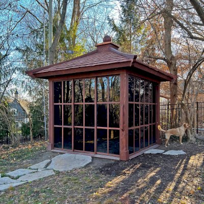 Kikue's Tea House (Options: 10 ft L x 10 ft W, Mature Redwood, with a Wood Handle, No Deck, Coffee-Stain Premium Sealant). Photo Courtesy of E. Monser of Ladue, Missouri. Pergo Flooring Shown is a Custom Item Installed After Delivery.