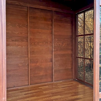 Kikue's Tea House (Options: 10 ft L x 10 ft W, Mature Redwood, with a Wood Handle, No Deck, Coffee-Stain Premium Sealant). Photo Courtesy of E. Monser of Ladue, Missouri. Pergo Flooring Shown is a Custom Item Installed After Delivery.