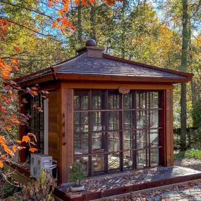 Kikue's Tea House (Options: 12 ft L x 12 ft W, Standard Wood Roof, Mature Redwood, Electrical Wiring Trim for 2 Posts, Interior Decking with Exterior Deck, with a Wood Handle, with a Ceiling Fan Base, with Acrylic Sliding Doors and Screen Sliding Doors by Custom Request, Transparent Premium Sealant). Photo Courtesy of Eric & Dasa Mortensen of Davidson, North Carolina.