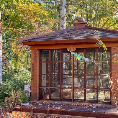 Kikue's Tea House (Options: 12 ft L x 12 ft W, Standard Wood Roof, Mature Redwood, Electrical Wiring Trim for 2 Posts, Interior Decking with Exterior Deck, with a Wood Handle, with a Ceiling Fan Base, with Acrylic Sliding Doors and Screen Sliding Doors by Custom Request, Transparent Premium Sealant). Photo Courtesy of Eric & Dasa Mortensen of Davidson, North Carolina.