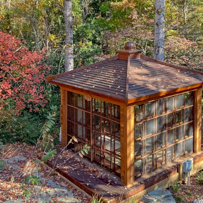 Kikue's Tea House (Options: 12 ft L x 12 ft W, Standard Wood Roof, Mature Redwood, Electrical Wiring Trim for 2 Posts, Interior Decking with Exterior Deck, with a Wood Handle, with a Ceiling Fan Base, with Acrylic Sliding Doors and Screen Sliding Doors by Custom Request, Transparent Premium Sealant). Photo Courtesy of Eric & Dasa Mortensen of Davidson, North Carolina.