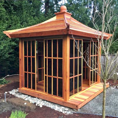 Kikue's Tea House (Options: 12ft L x 10ft W, California Redwood, with Door Handle, Interior Decking with External Decking (up to 3'), Transparent Premium Sealant).