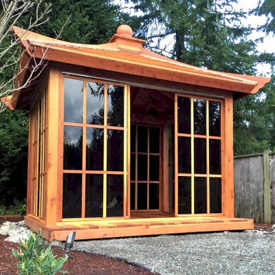 Kikue's Tea House (Options: 12ft L x 10ft W, California Redwood, with Door Handle, Interior Decking with External Decking (up to 3'), Transparent Premium Sealant).