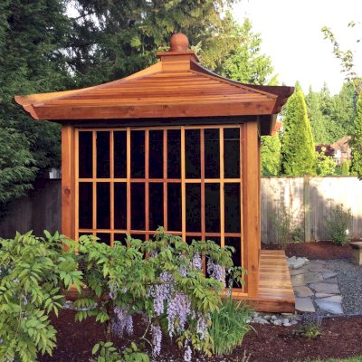 Kikue's Tea House (Options: 12ft L x 10ft W, California Redwood, with Door Handle, Interior Decking with External Decking (up to 3'), Transparent Premium Sealant).