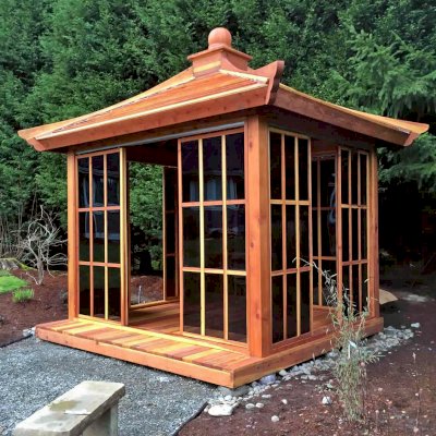 Kikue's Tea House (Options: 12ft L x 10ft W, California Redwood, with Door Handle, Interior Decking with External Decking (up to 3'), Transparent Premium Sealant).