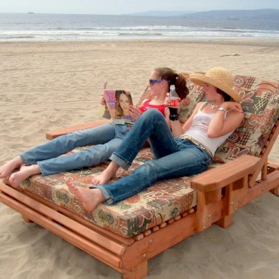 La Grange Redwood Lounger (Options: Double, Mature Redwood, Snack Tray on Right Side, 13" H, Wheels, 4" Thick Cushion, 2 section cushion,Transparent Premium Sealant). Photo Courtesy of the Linney family of Santa Rosa, CA.