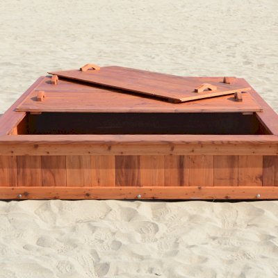 La Playa Sandbox (Options: 96"L x 72" W x 15" H, Mature Redwood, Tongue and Grooved Lid, Transparent Premium Sealant).