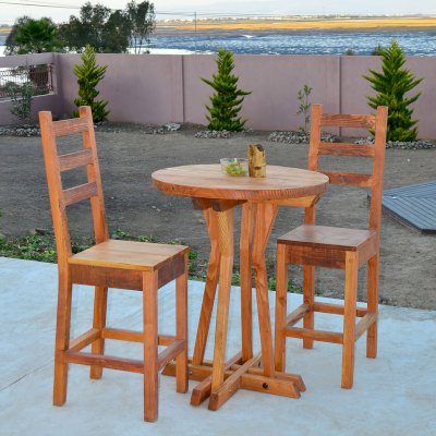 Ladderback Wooden Stool (Options: Douglas-fir, Without Arms, 29" H Seat, Rustic Finish, No Cushion, Transparent Premium Sealant) and Round Cocktail Table.