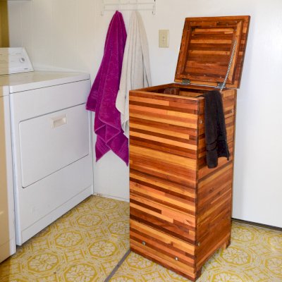 Laundry Hampers (Options: 18"W x 18"D x 36"H, Mosaic Redwood, Attached Lid to Hamper, No Ventilation, No Casters, Transparent Premium Sealant)